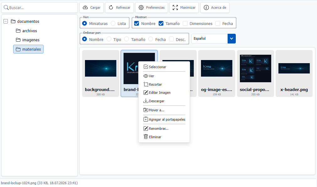 Interfaz real de KCFinder Resurrected con el tema Bootstrap 5: árbol de carpetas, barra de acciones, opciones de visualización y selector de idioma.